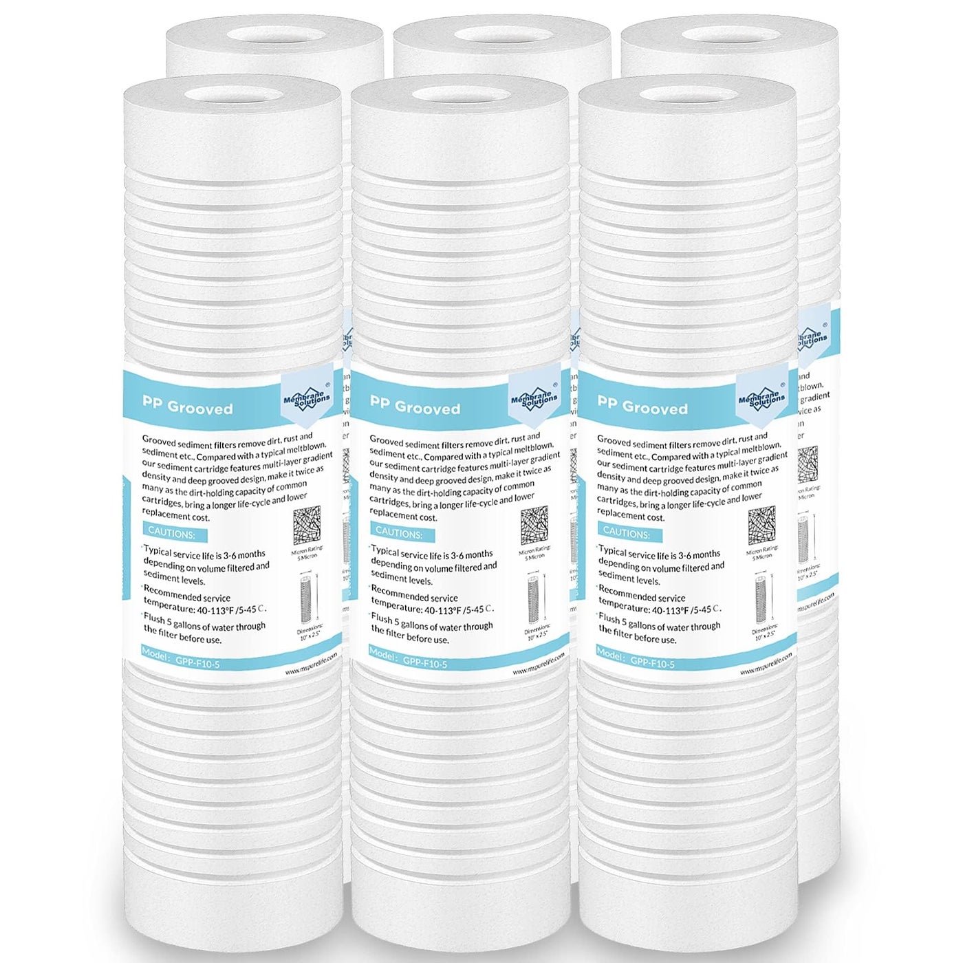 Membrane Solutions Grooved Sediment Water Filter Cartridge (Pack of 6), 5 Micron Whole House Water Filter Universal Replacement 10"x2.5" for 10 inch RO Unit, Whole House Under-Sink Filtration System